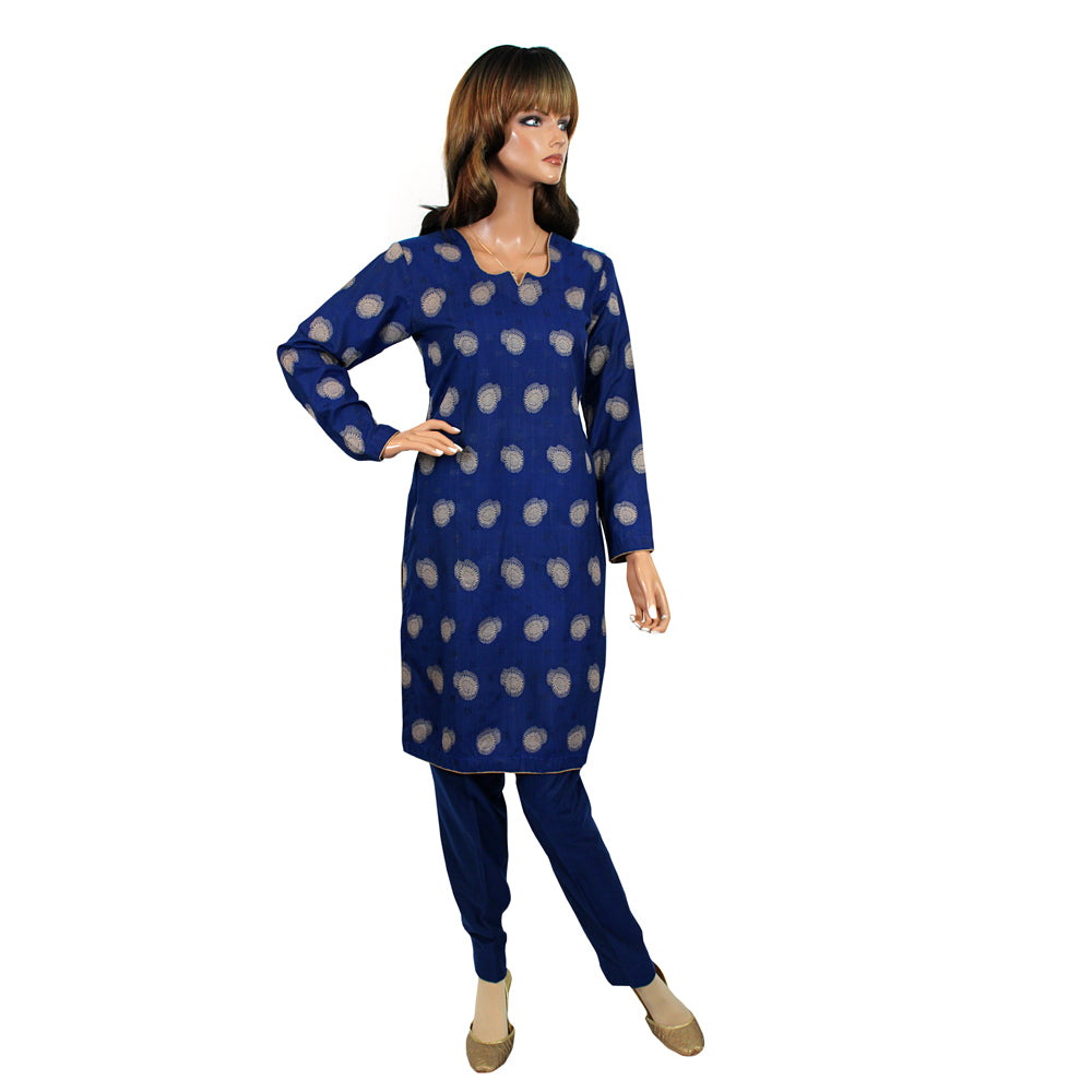 Royal Blue Self Weaving Linen Suit with Gold Motif Shawl, CD-109