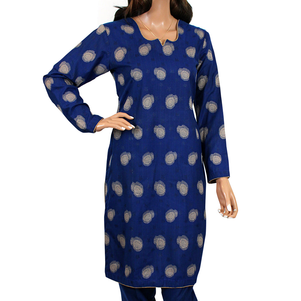 Royal Blue Self Weaving Linen Suit with Gold Motif Shawl, CD-109