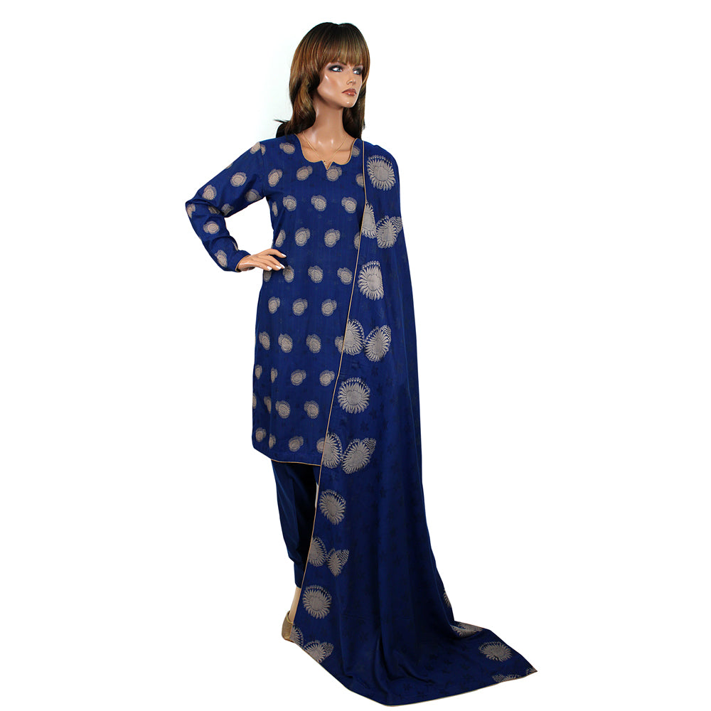 Royal Blue Self Weaving Linen Suit with Gold Motif Shawl, CD-109
