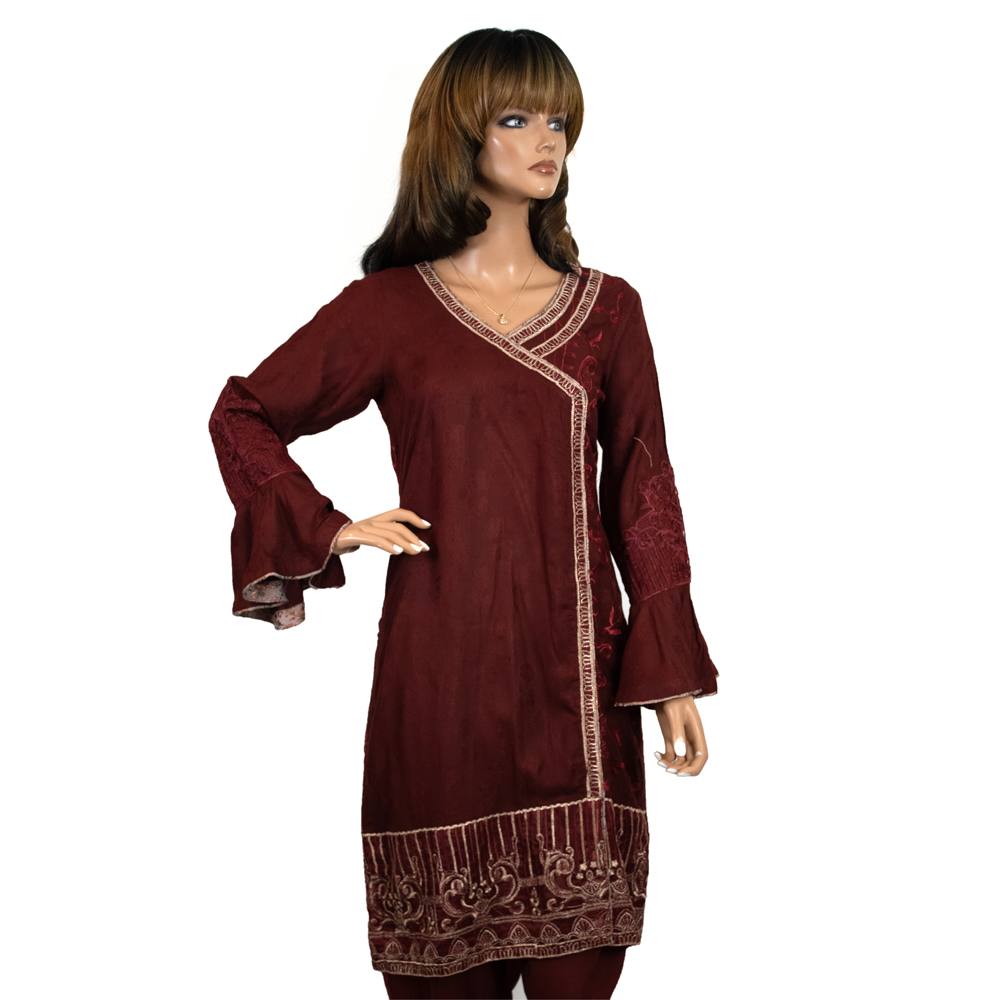 Maroon Viscose Party Suit with Jamawar Bordered Dupatta, FD-007