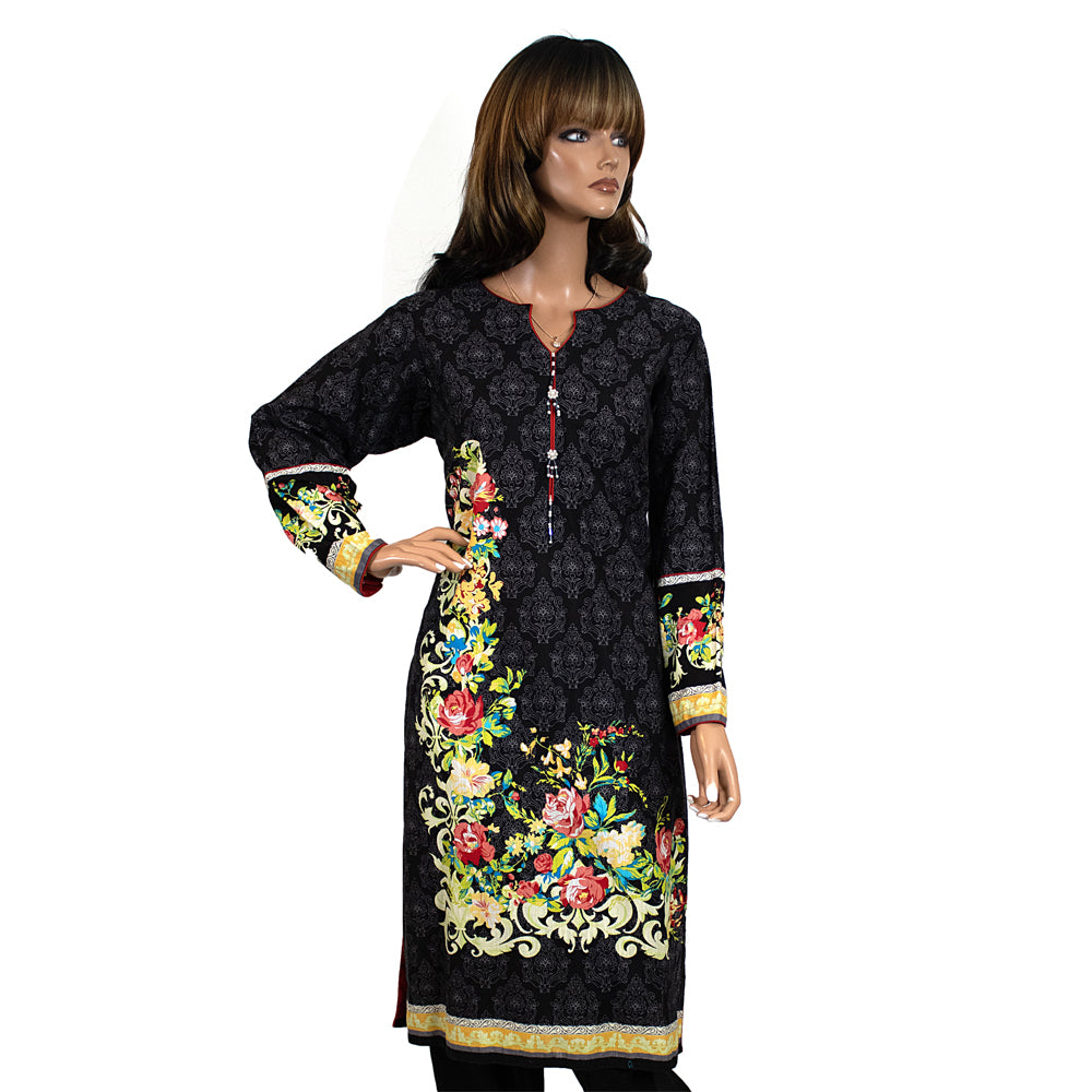 Black Floral Print Khaddar Winter Suit, CD-052