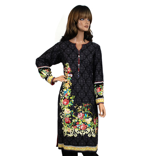 Black Floral Print Khaddar Winter Suit, CD-052