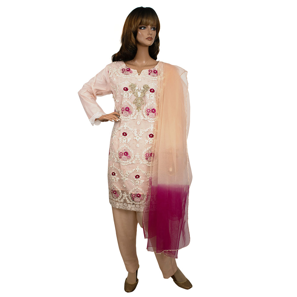 Blush Pink Net Party Suit with Stone and Pearl Work KF-067