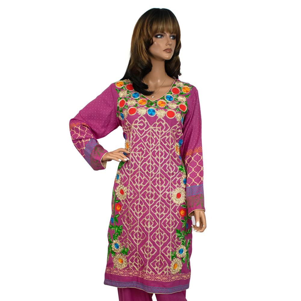 Magenta Embroidered Linen Winter Suit with Block Print Trouser, FD-008