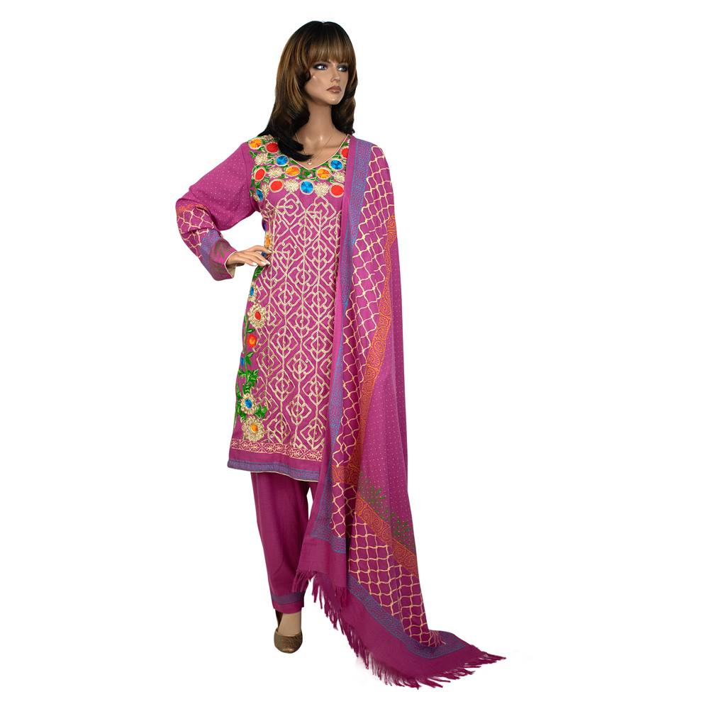 Magenta Embroidered Linen Winter Suit with Block Print Trouser, FD-008