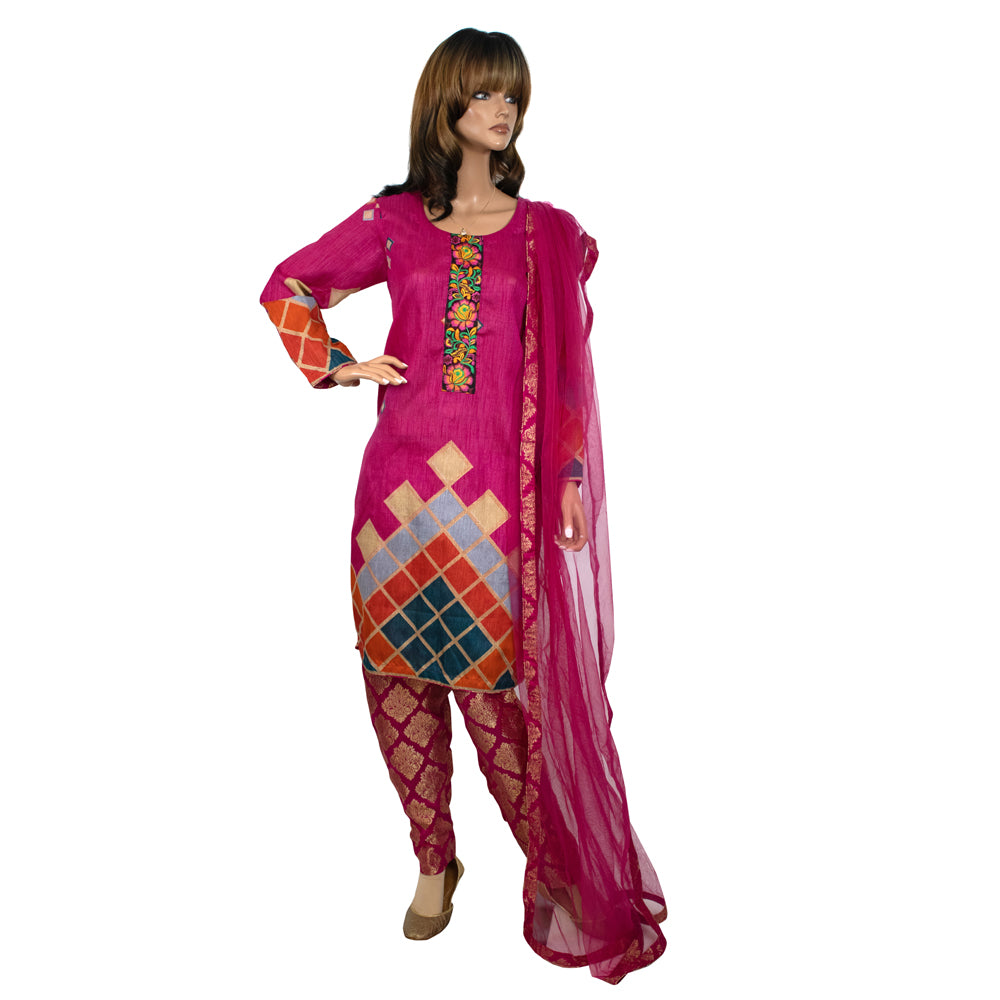 Magenta Indian Banarsi Party Suit with Patchwork Panel KF-068
