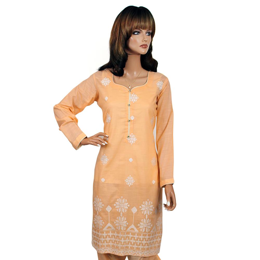 Peach Machine Embroidered Lawn Suit with Chiffon Georgette Dupatta, FD-005