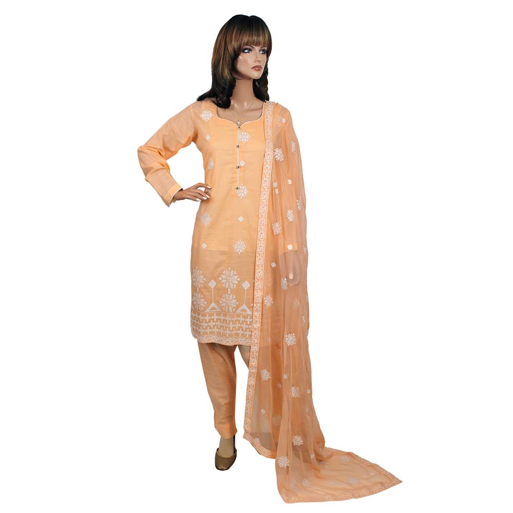 Peach Machine Embroidered Lawn Suit with Chiffon Georgette Dupatta, FD-005