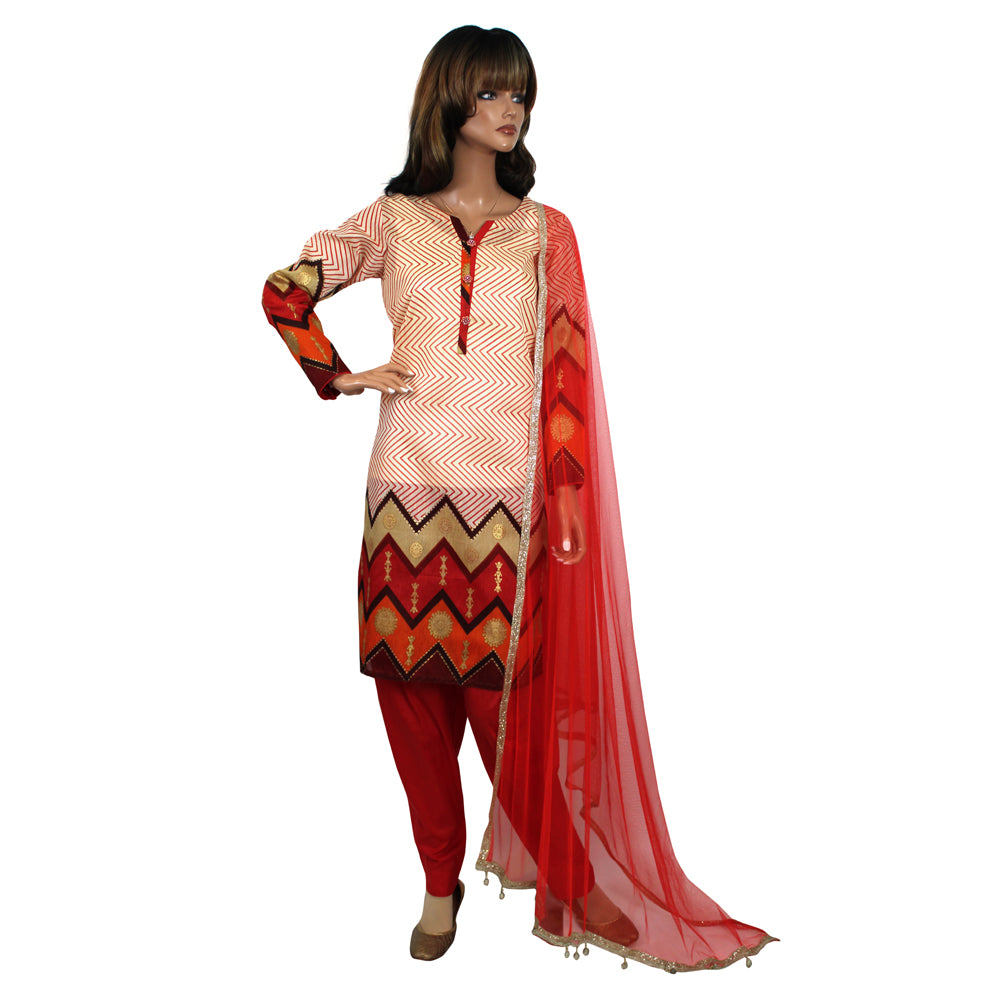 Cream Block Print Banarsi Suit with Red Net Dupatta, CD-049