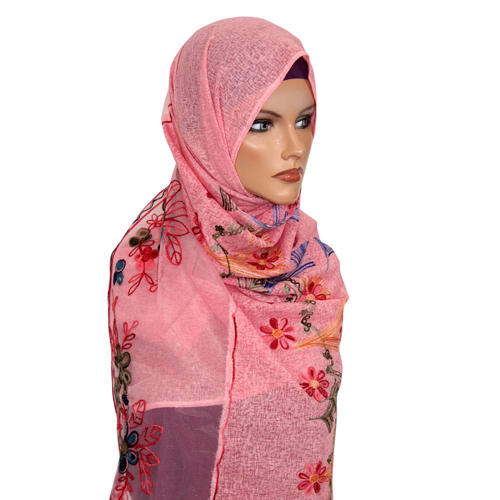 Pink Embroidered Floral Hijab Scarf, Hijab-002