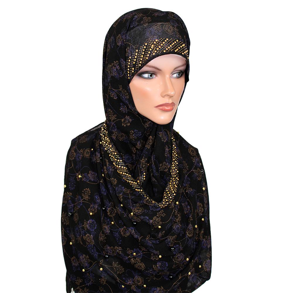 Black Floral Hijab with Gold Bead Work, Hijab-001