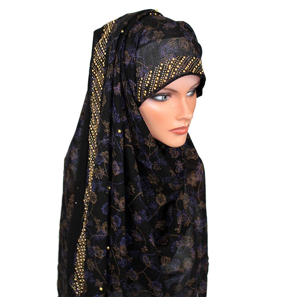 Black Floral Hijab with Gold Bead Work, Hijab-001