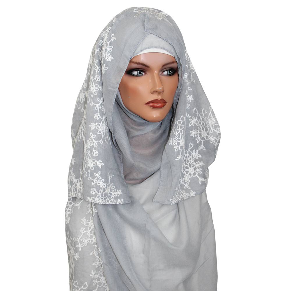 Grey Embroidered Lace Hijab with Thread Work, Hijab-005