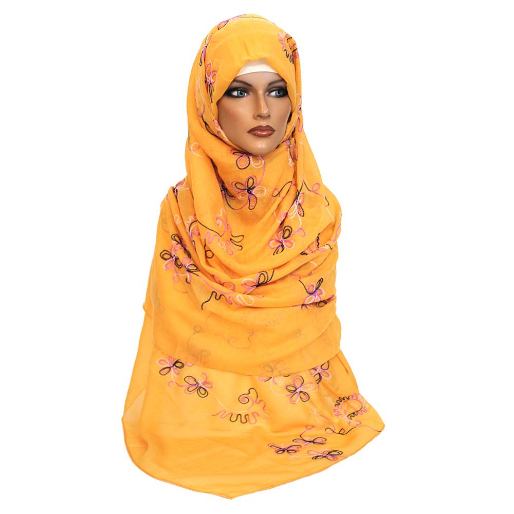 Yellow Butterfly Embroidered Hijab with Thread Work, Hijab-006