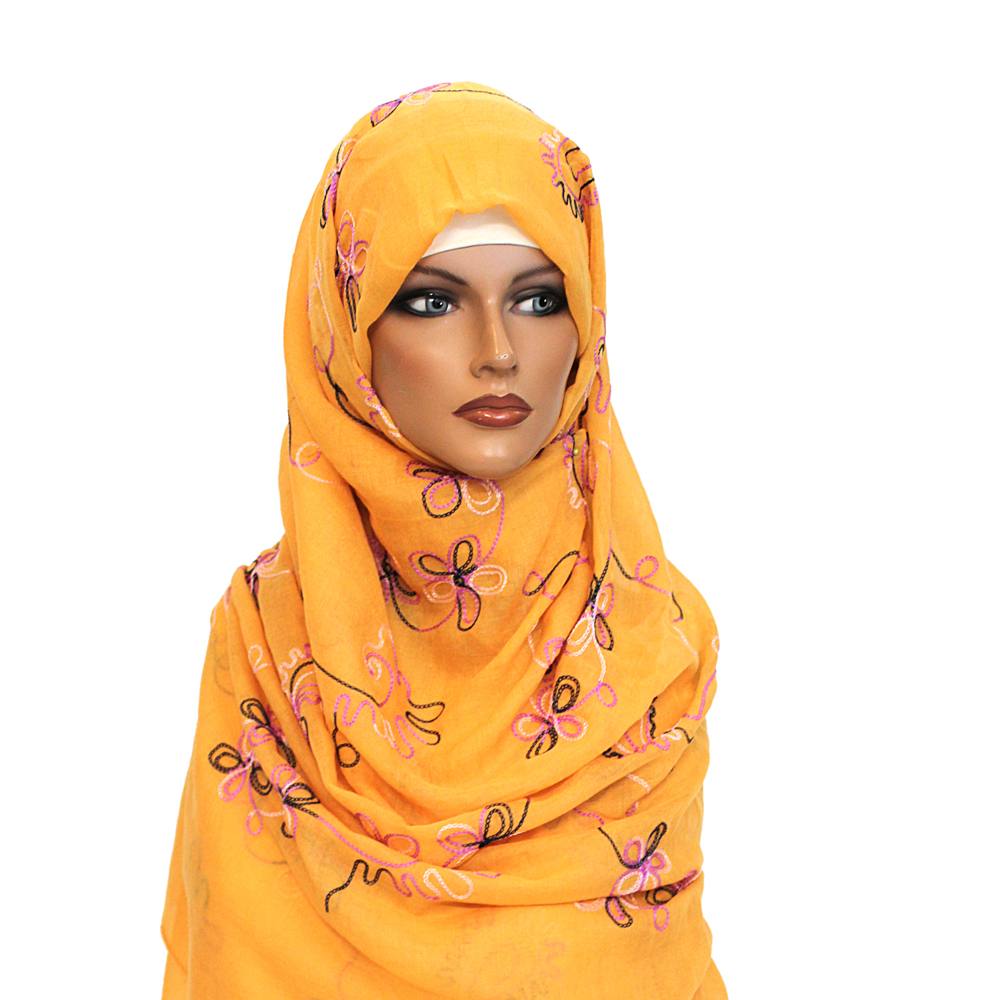 Yellow Butterfly Embroidered Hijab with Thread Work, Hijab-006