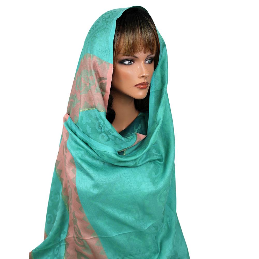 Teal Damask Print Hijab with Pink Border, Hijab-008
