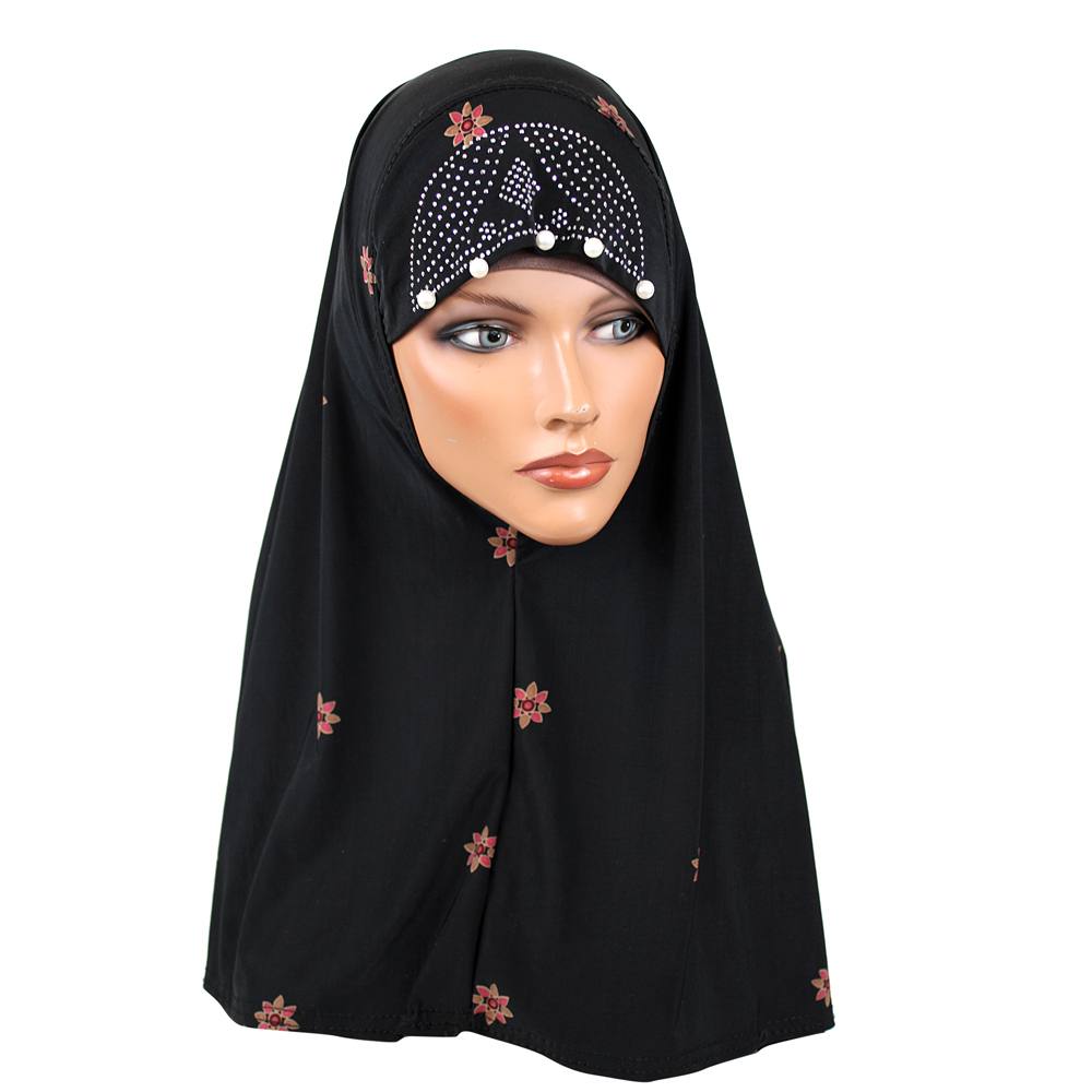 Black Khimar with Coral Floral Embroidery, Khimer-005