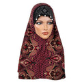 Maroon Paisley Print Khimar with Stone Band, Khimar-007