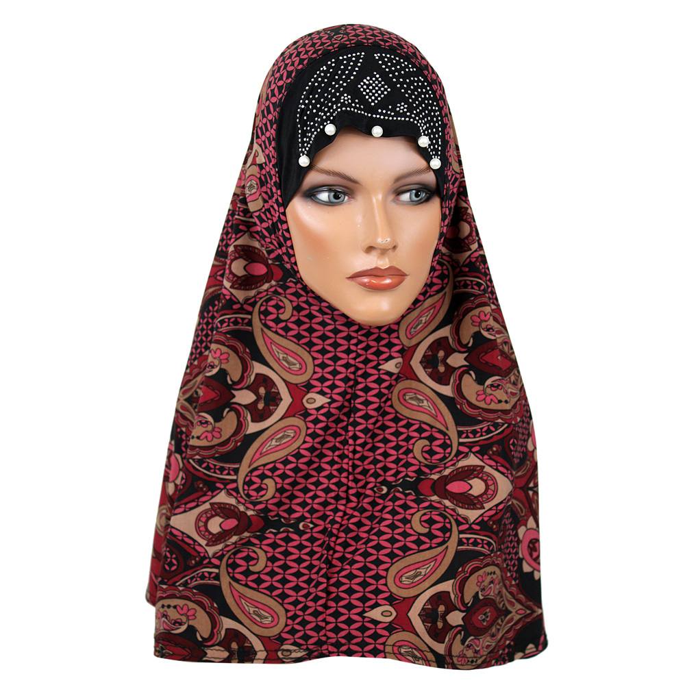 Maroon Paisley Print Khimar with Stone Band, Khimar-007