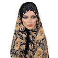 Black and Mustard Floral Khimar with Pearl Band, Khimar-008