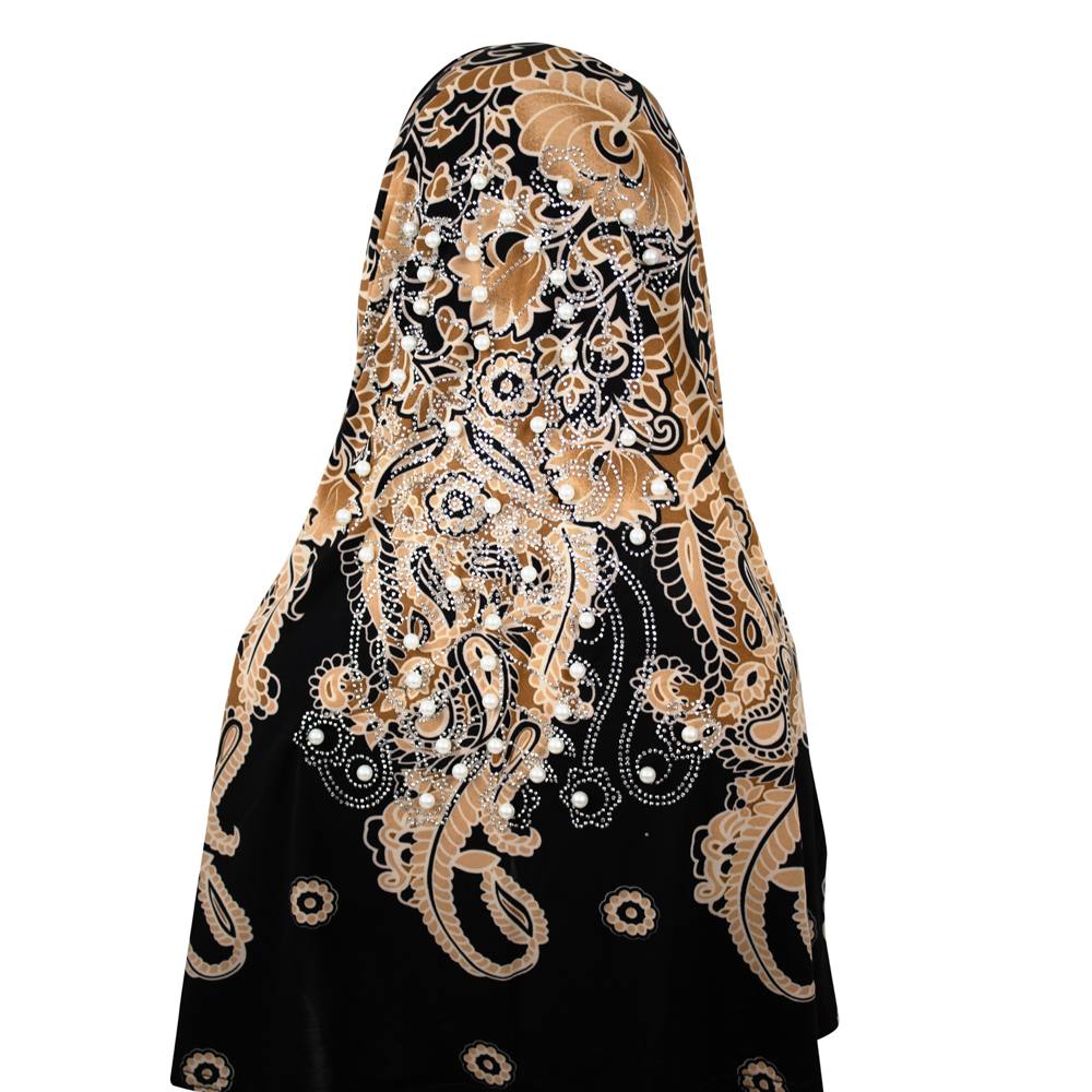 Black and Mustard Floral Khimar with Pearl Band, Khimar-008