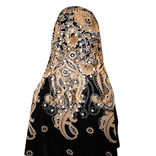 Black and Mustard Floral Khimar with Pearl Band, Khimar-008