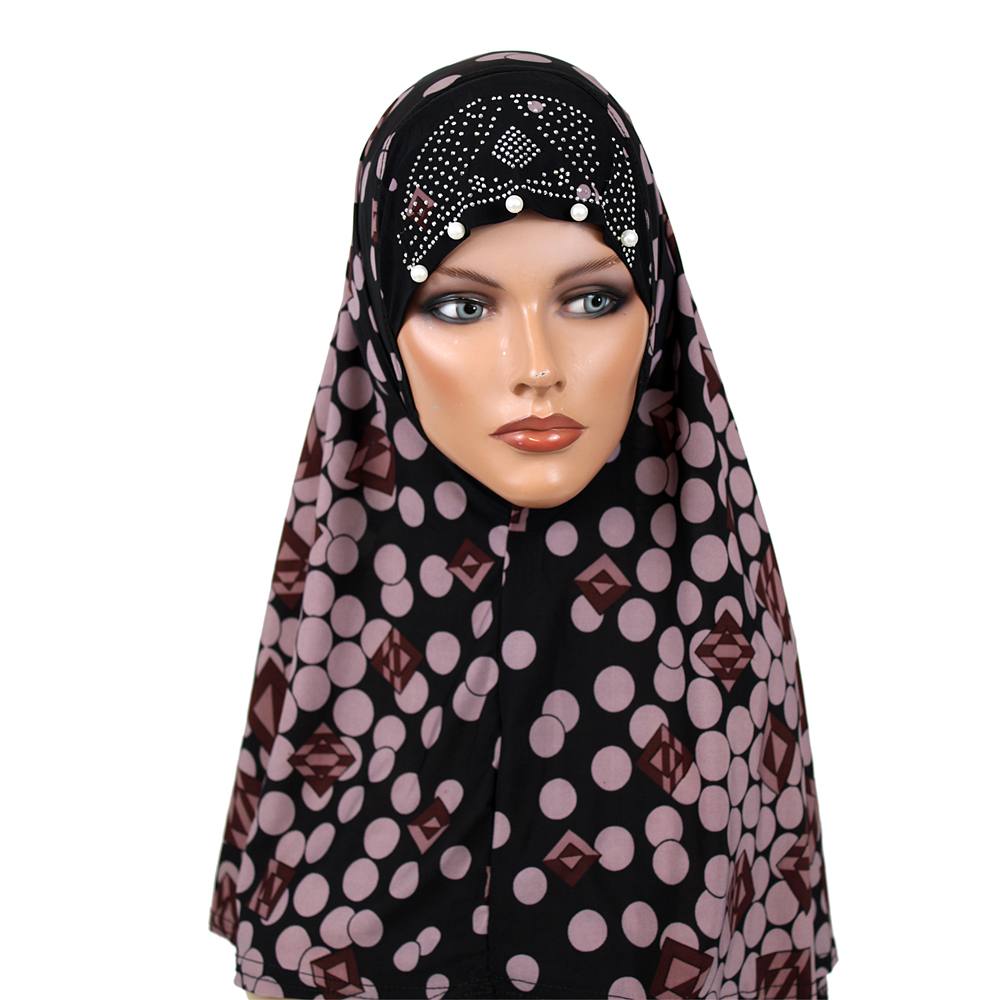 Black and Pink Polka Dot Jersey Khimar with Stone Work, Khimar-002