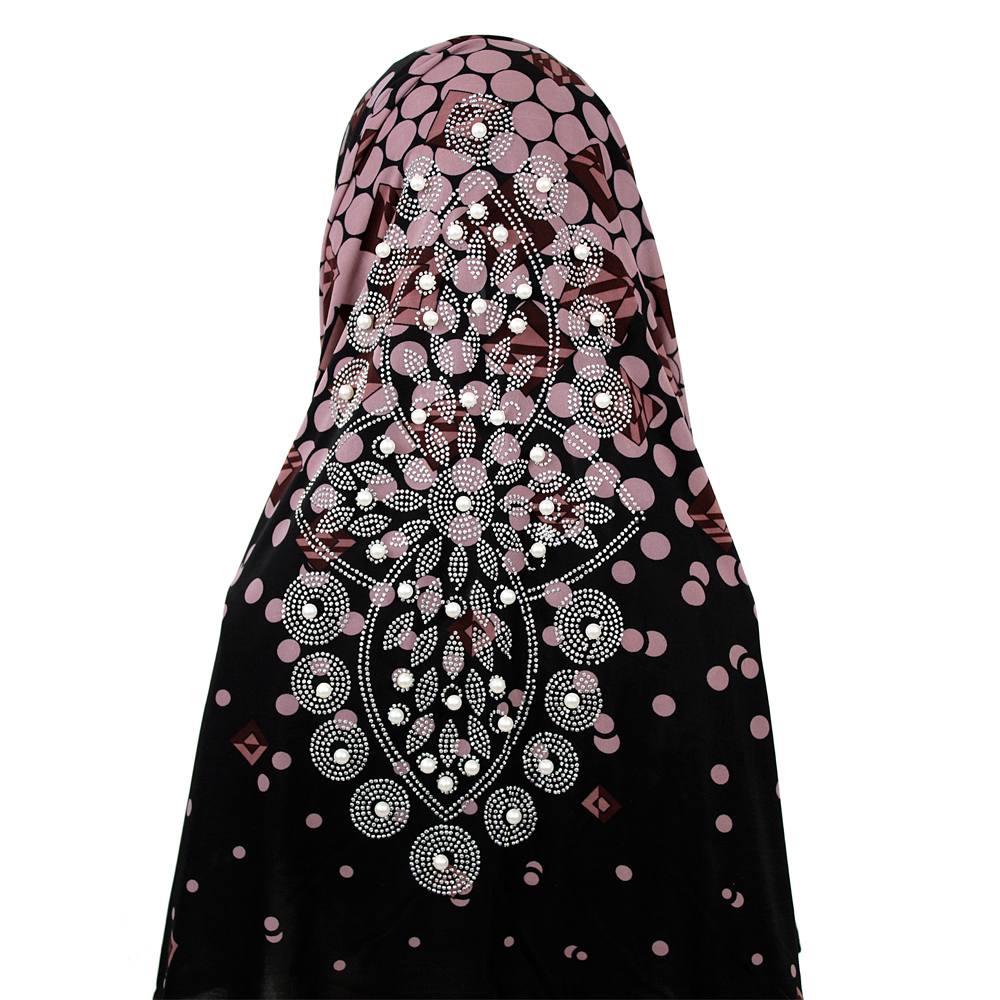 Black and Pink Polka Dot Jersey Khimar with Stone Work, Khimar-002
