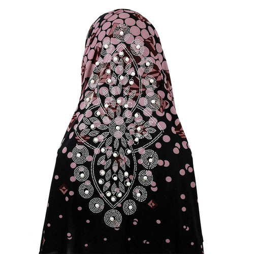 Black and Pink Polka Dot Jersey Khimar with Stone Work, Khimar-002