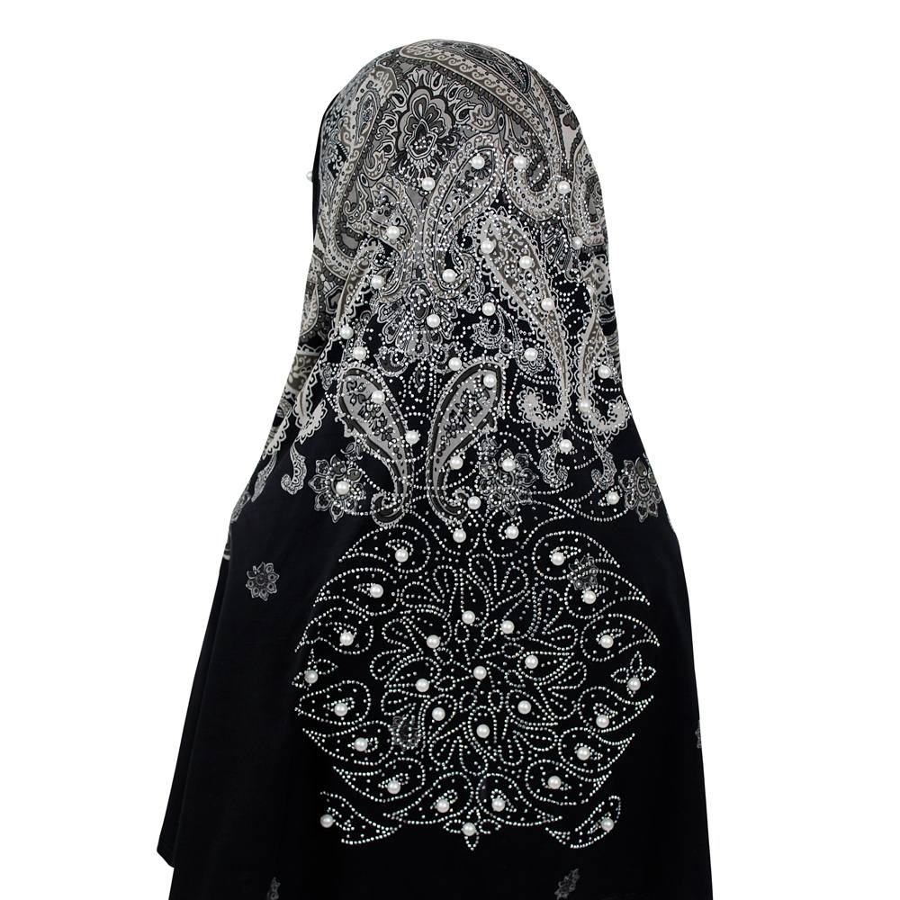 Black and Silver Paisley Khimar with Pearl and Stone Work, Khimar-004