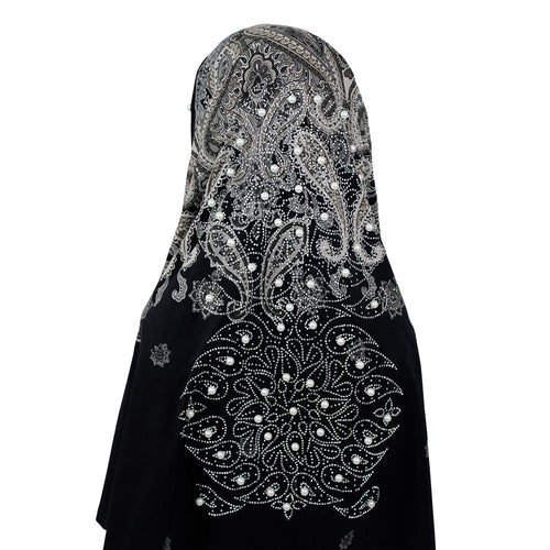 Black and Silver Paisley Khimar with Pearl and Stone Work, Khimar-004