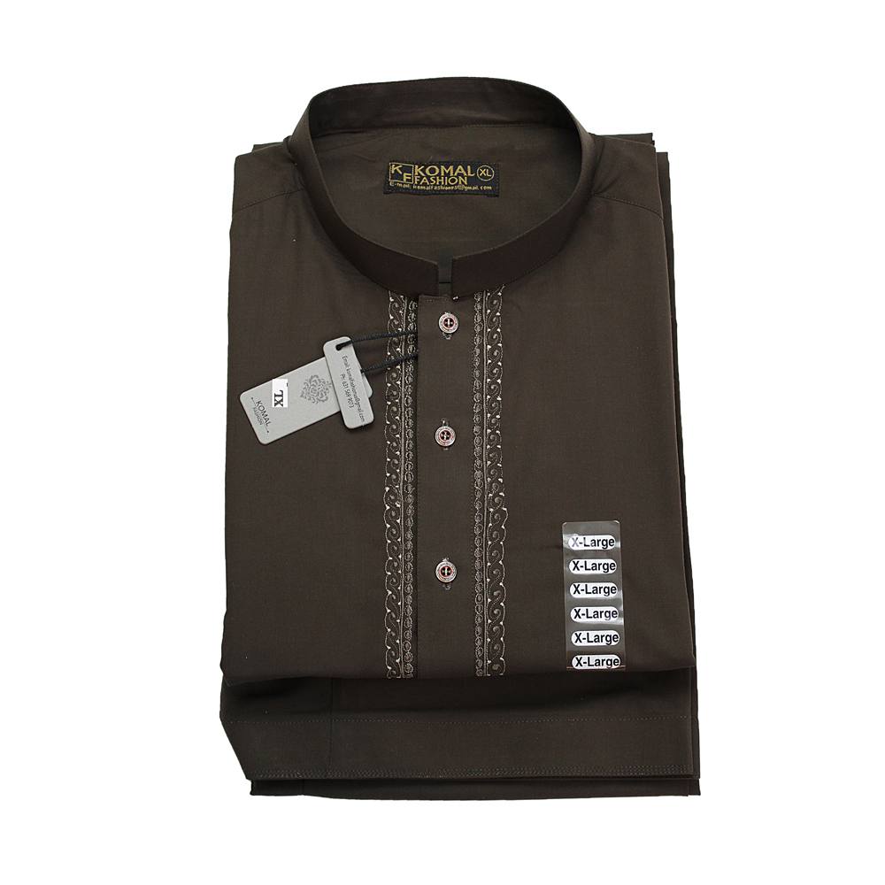 Men's Coffee Brown Shalwar Kameez with Embroidered Placket, MKS-021