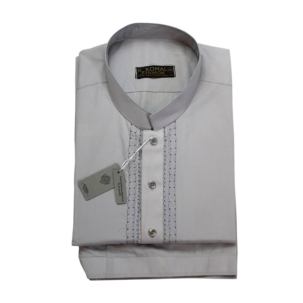Men's Stone Beige Shalwar Kameez with Embroidered Placket, MKS-006