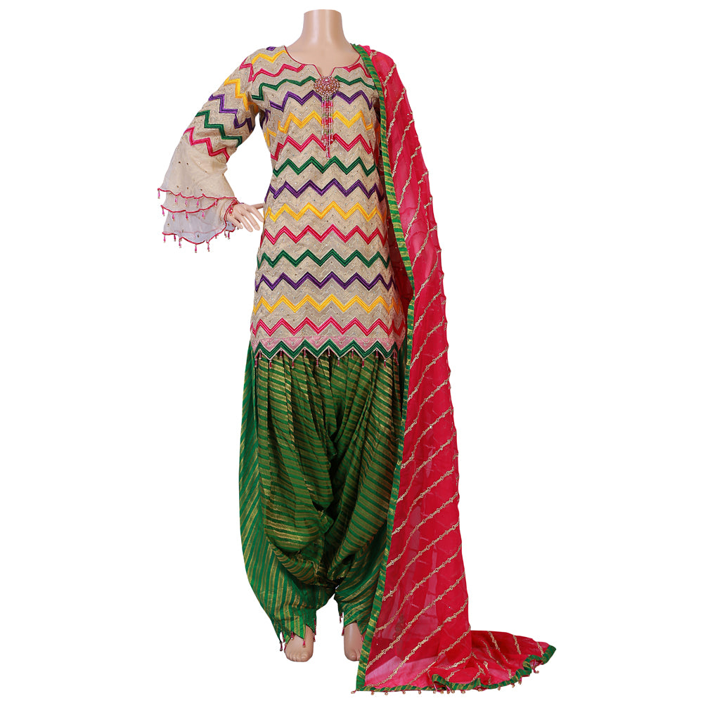 Green Banarsi Mesoori Tissue Dhoti Shalwar Suit with Tilla Work KF-005
