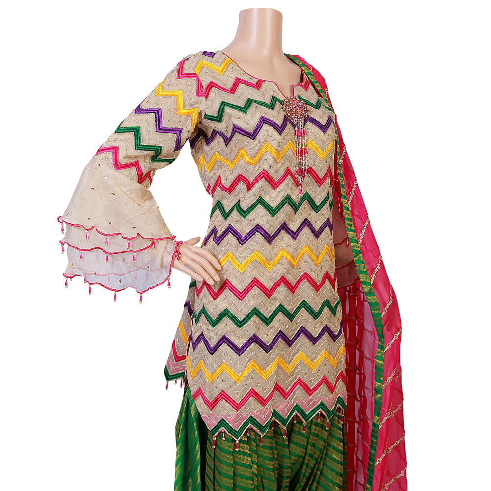 Green Banarsi Mesoori Tissue Dhoti Shalwar Suit with Tilla Work KF-005