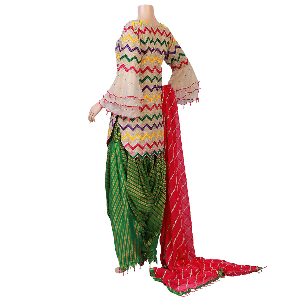 Green Banarsi Mesoori Tissue Dhoti Shalwar Suit with Tilla Work KF-005
