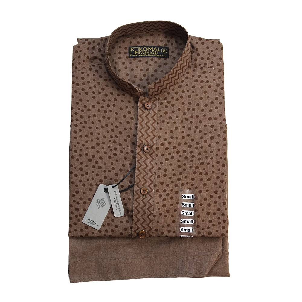 Men's Brown Dotted Print Shalwar Kameez, MKS-009 Small