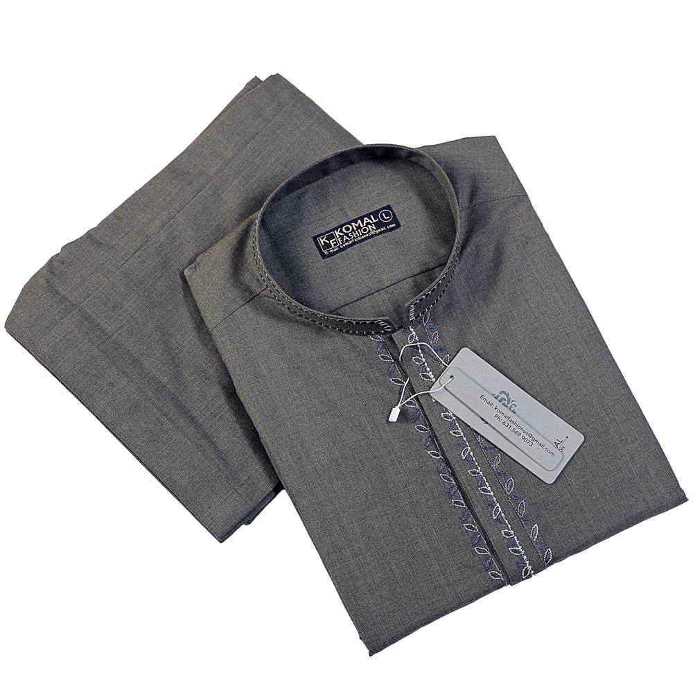 Men's Grey Shalwar Kameez with Embroidered Placket, MKS-022