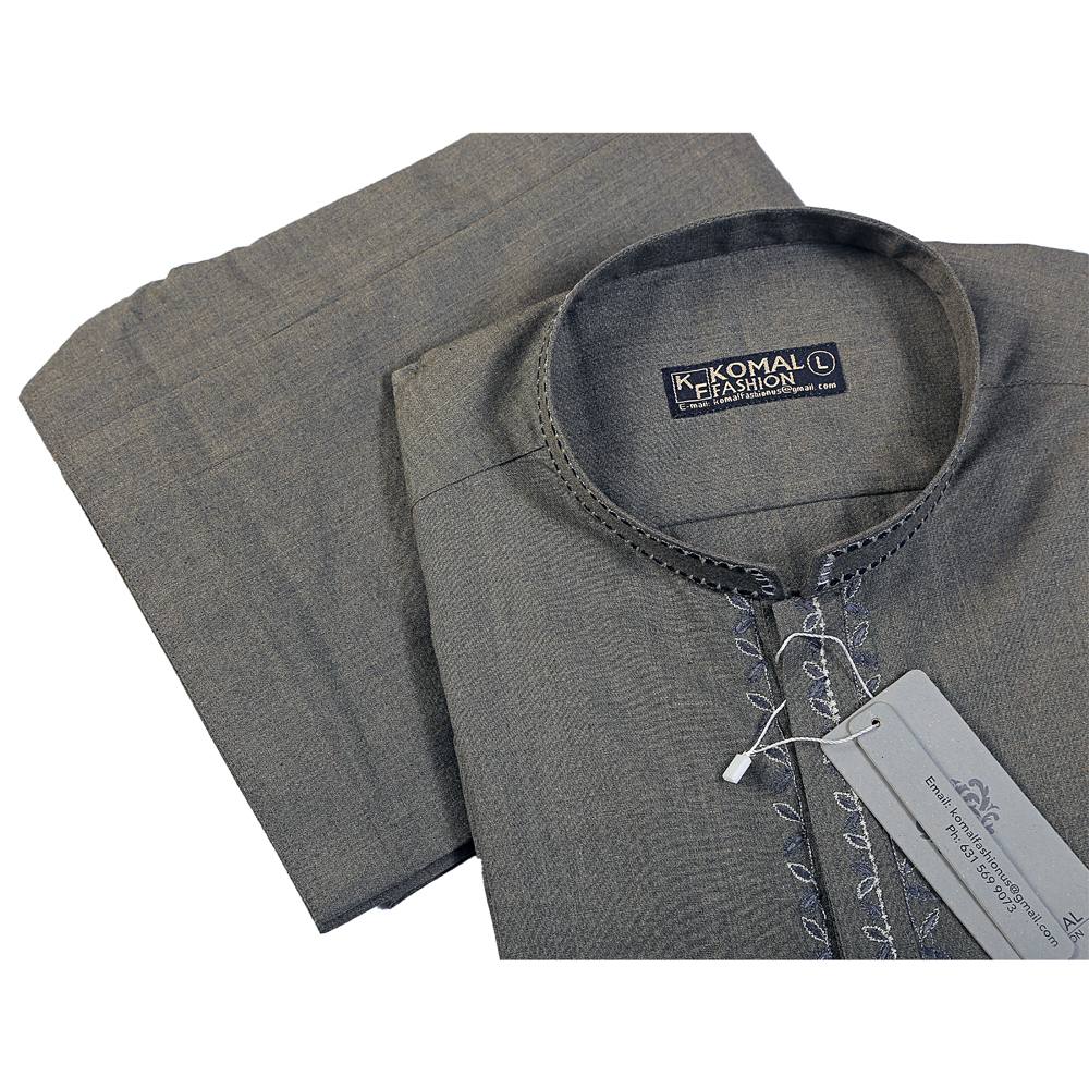 Men's Grey Shalwar Kameez with Embroidered Placket, MKS-022