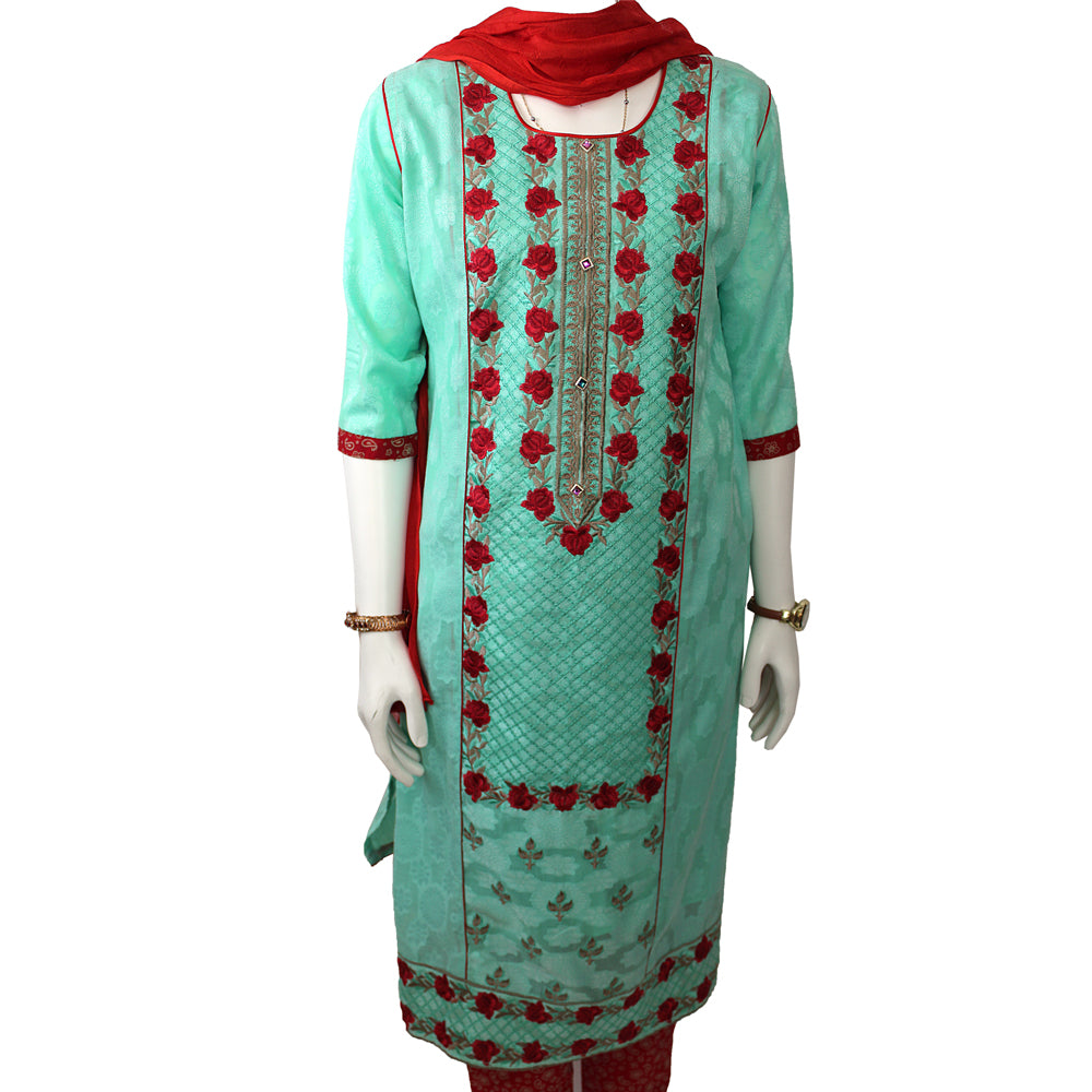 Girls Mint Green Embroidered Swiss Lawn Suit with Georgette Dupatta, Girls-005