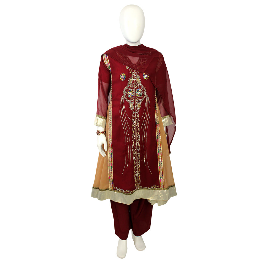 Girls Maroon Hand Work Semi Chiffon Frock with Malai Silk Trouser, Girls-008