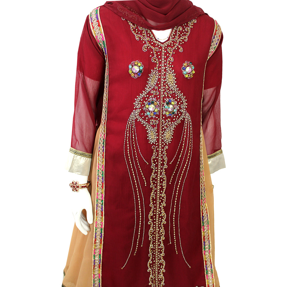 Girls Maroon Hand Work Semi Chiffon Frock with Malai Silk Trouser, Girls-008