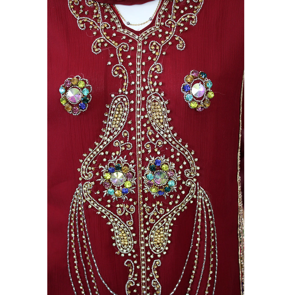 Girls Maroon Hand Work Semi Chiffon Frock with Malai Silk Trouser, Girls-008