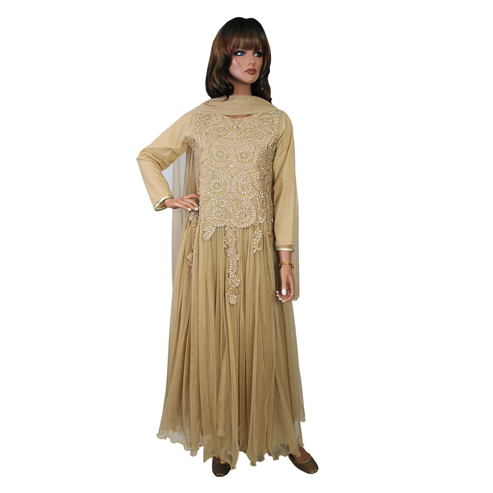 Girls Gold Net Maxi with Hand Work and Malai Silk Trouser, Girls-055