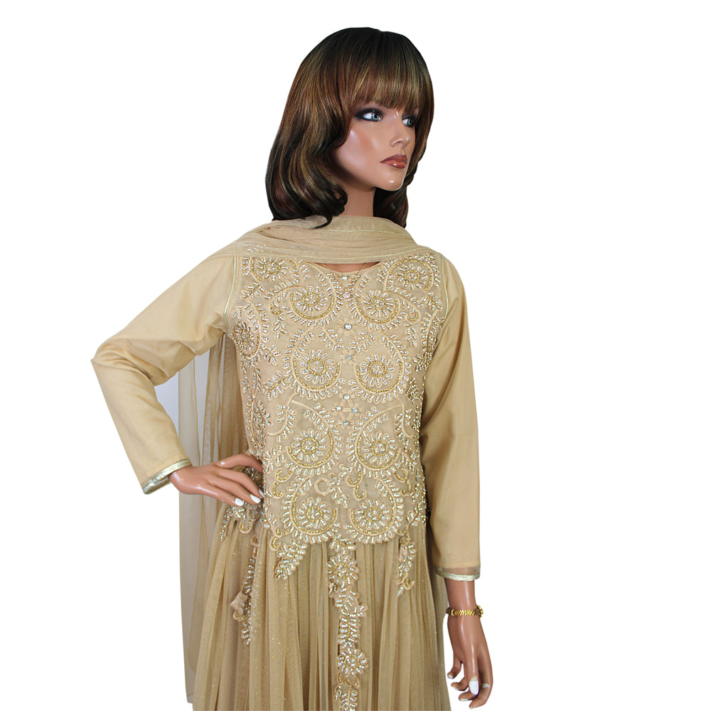 Girls Gold Net Maxi with Hand Work and Malai Silk Trouser, Girls-055