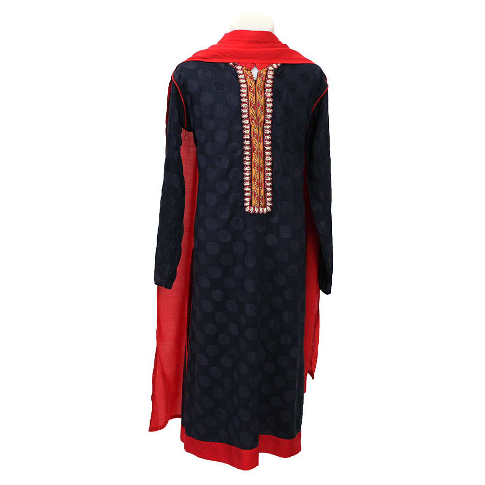 Girls Navy Velvet Cotton Suit with Red Dupatta, Girls-011