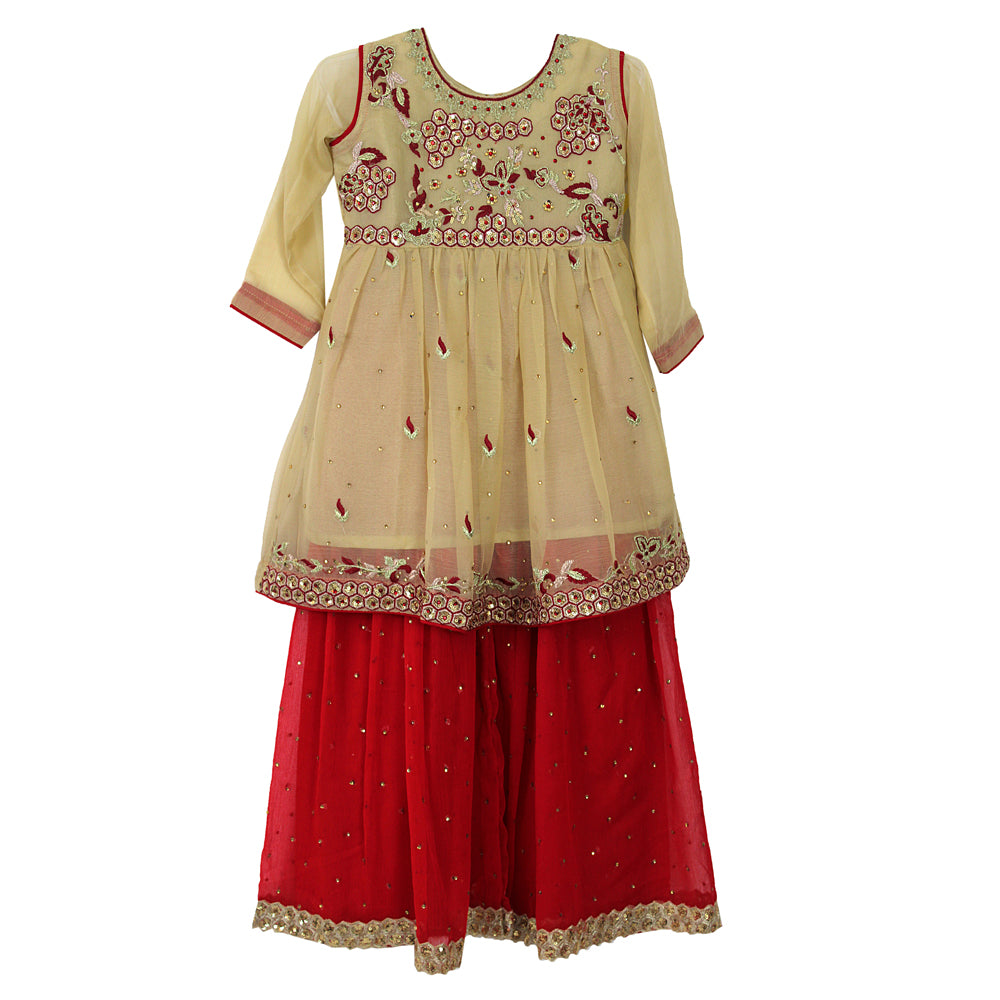 Girls Gold and Red Chiffon Gharara Frock, Girls-041