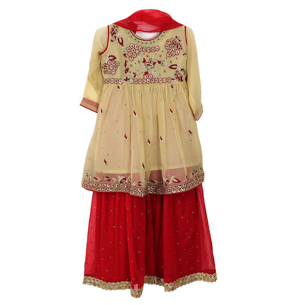Girls Gold and Red Chiffon Gharara Frock, Girls-041