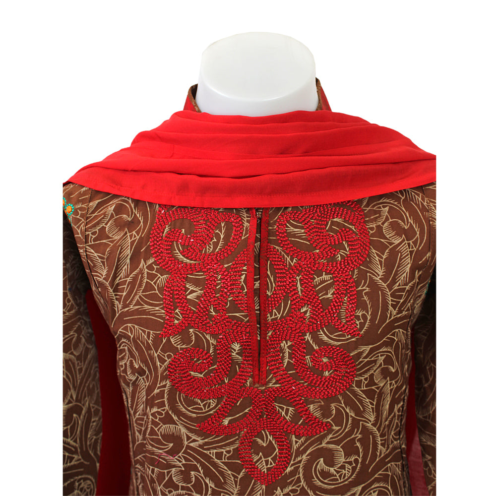 Girls Brown Embroidered Cotton Suit with Red Dupatta, Girls-039