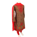Girls Brown Embroidered Cotton Suit with Red Dupatta, Girls-039